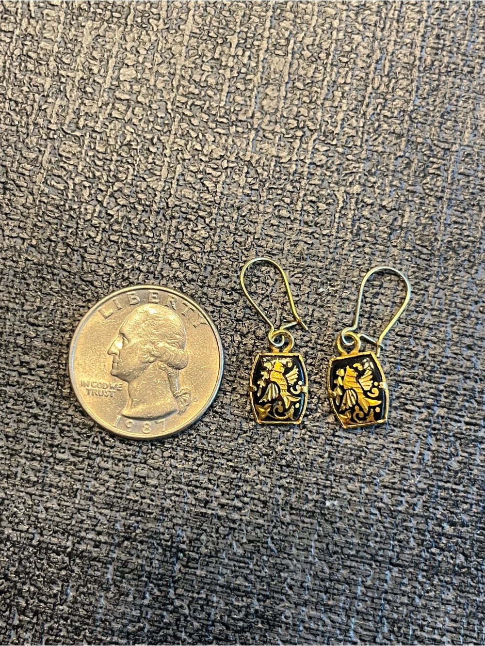 Gold-Tone Black Enamel Floral Dangle Earrings